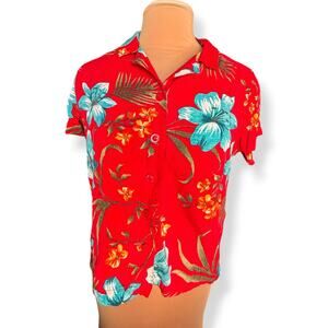 Vintage White Stag Tropical Floral Button Front Shirt Red Blue Rayon Boho Beach